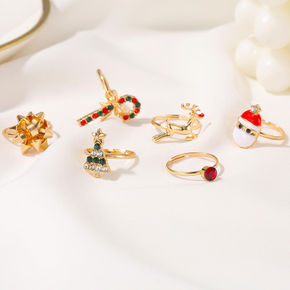 Christmas Rings Set Cartoons Elk Tree Festive Holiday Jewelry Electroplated Alloy European American Six Pieces