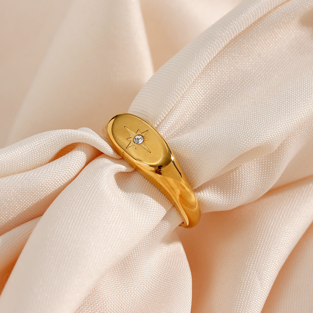 Stainless Steel Golden Oval Ring With Star Zircon Geometric Fashion Jewelry Statement Ring For Women Chic Look