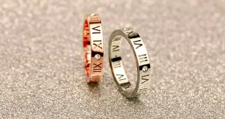 Titanium Steel Couple Rings with Roman Numeral and Diamond Accent Matching Bands His and Hers Anniversary Rings 4MM
