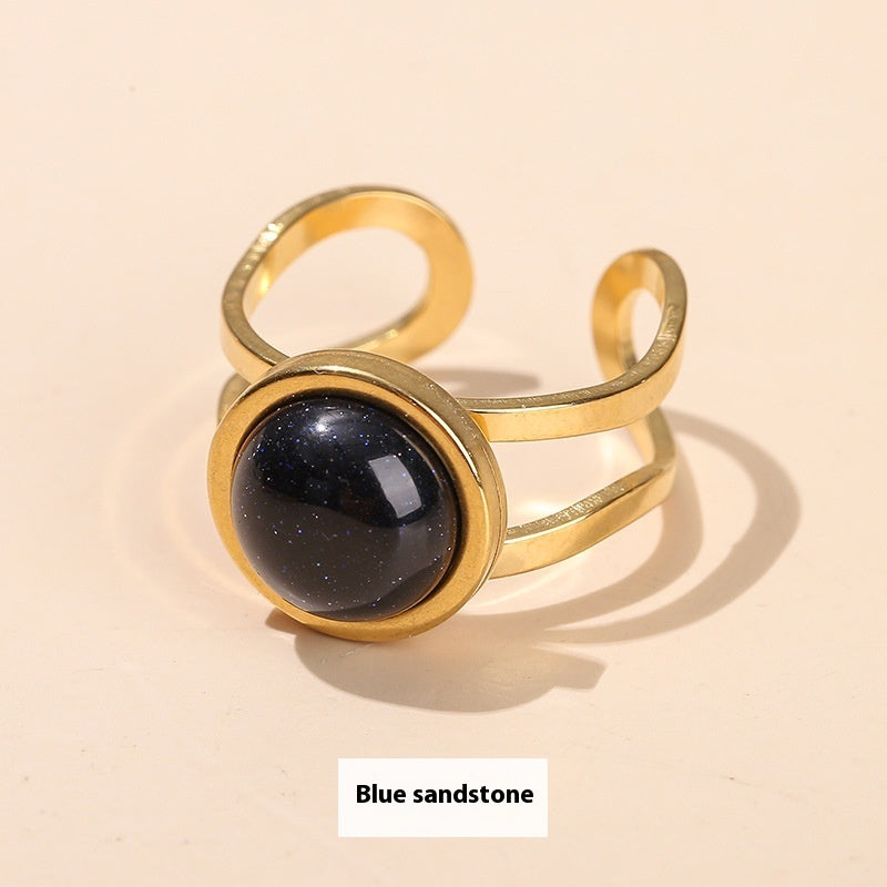 Gold Tone Stone Ring Open Adjustable Titanium Steel Jewelry