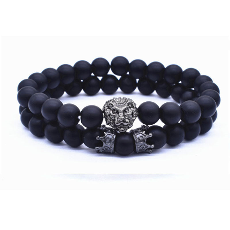 Lion Head Bracelet Crown Charm Alloy Bracelet For Men And Women Natural Stone Accents Adjustable Length 19cm Cord