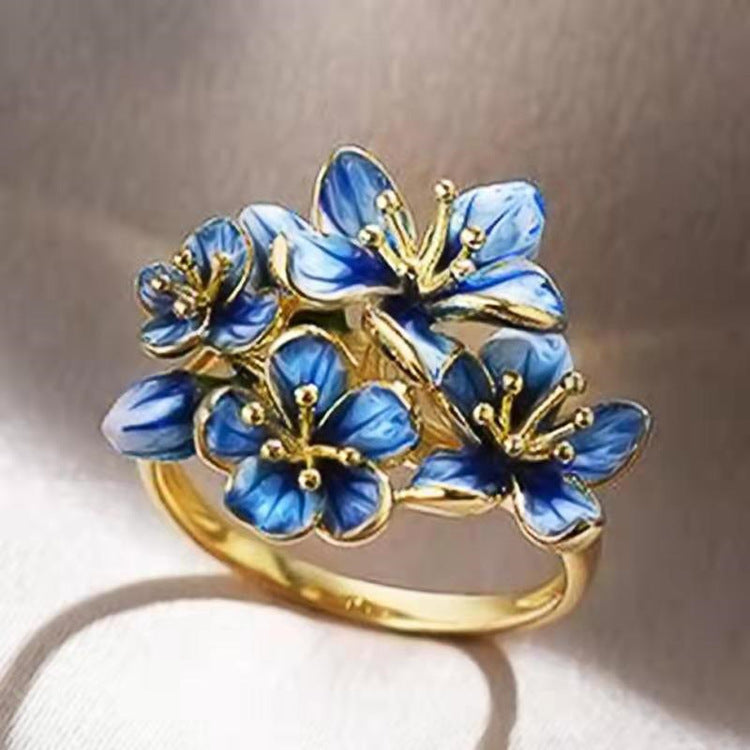 Womens Blooming Floral Design Golden Electroplated Ring Interlaced Flower Jewelry Gift For Her And Celebrations