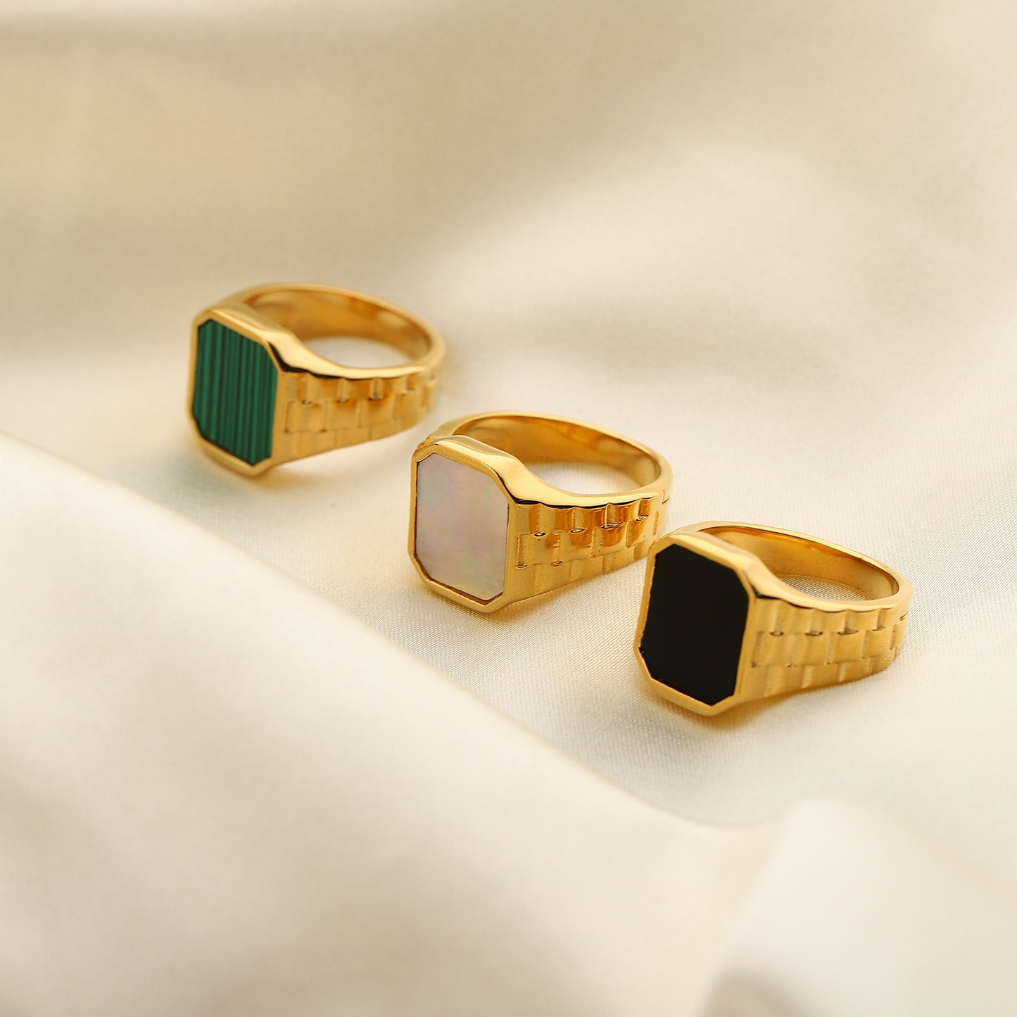 Stainless Steel Ring With Malachite Accent And White Shell Epoxy Inlay Gold Plated Rectangular Jewelry For Her