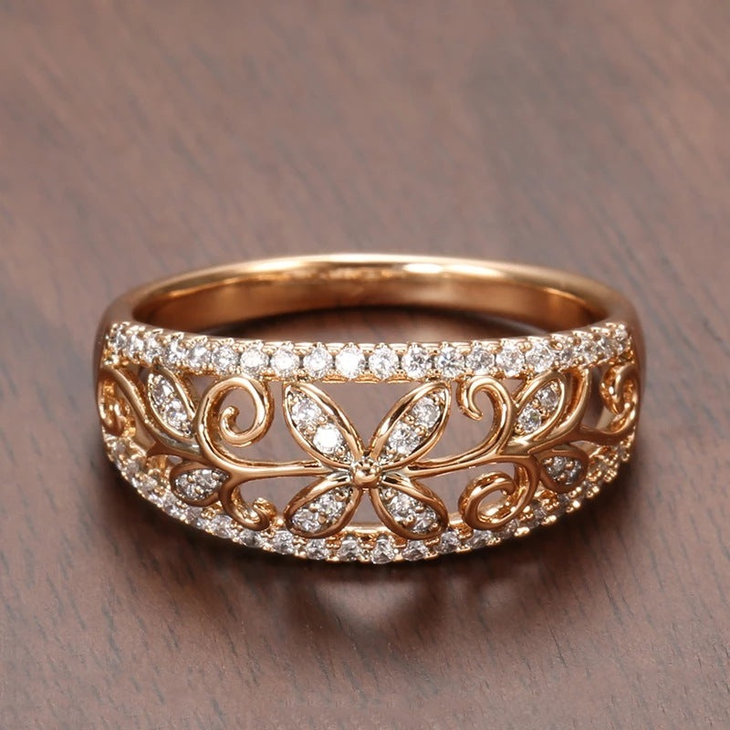 Womens Gold Plated Copper Ring With Sparkling Crystal Flower Design Elegant Fashion Jewelry Gift For Her Always