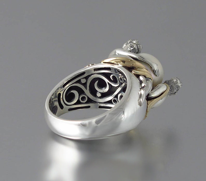 Women Black Pearl Two Tone Ring Electroplated Copper Sterling Silver Inlaid Fashion Jewelry Gift For Her Elegant