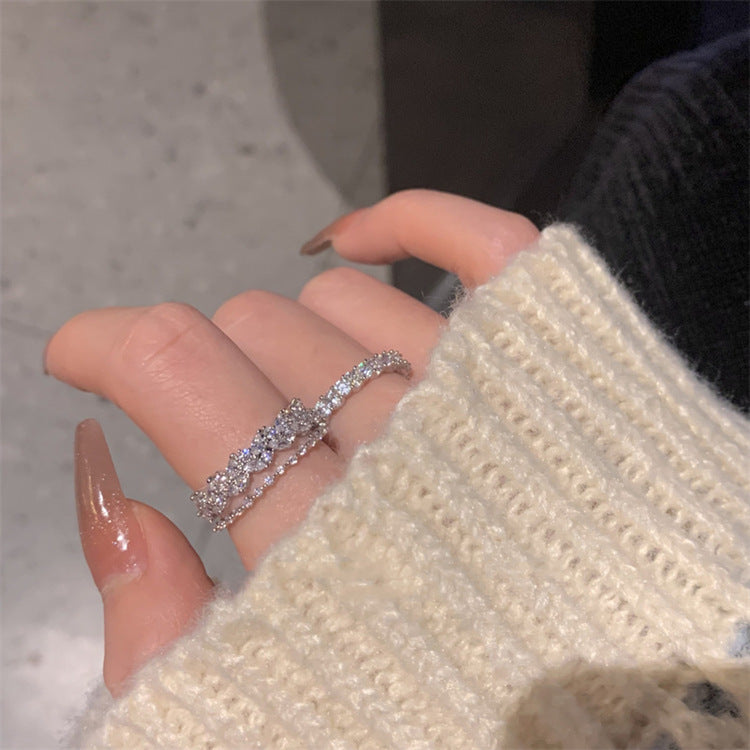 Women Adjustable Open Ring Double Layer Geometric Copper Zircon Stackable Ring For Everyday Style Elegant Chic