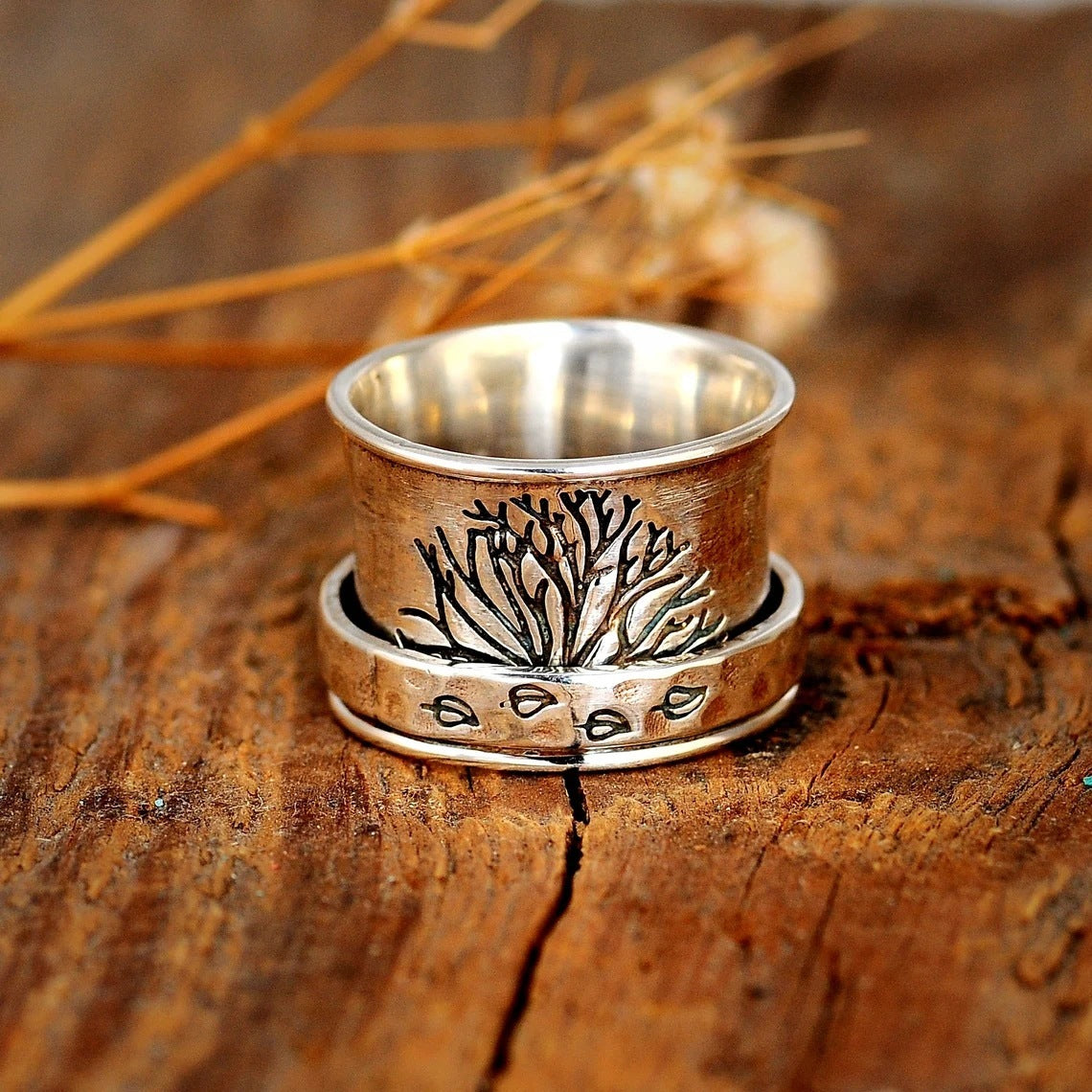 Tree Of Life Ring Rotating Gold Band With Spinning Leaves Design Adjustable Alloy Womens Ring Jewelry Comfort Fit