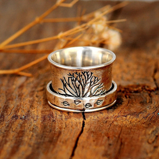 Tree Of Life Ring Rotating Gold Band With Spinning Leaves Design Adjustable Alloy Womens Ring Jewelry Comfort Fit