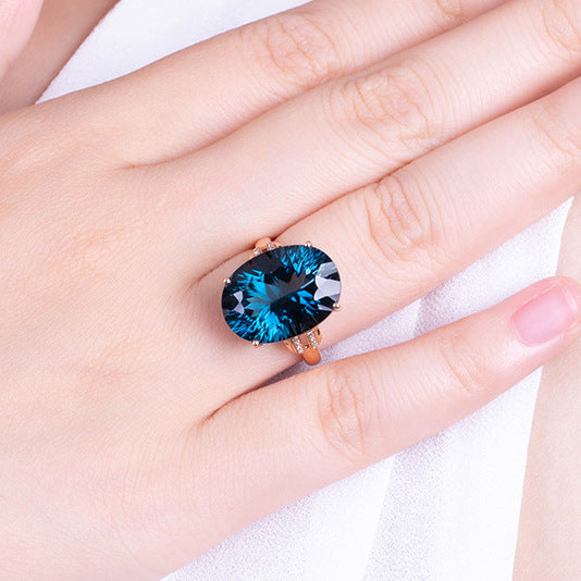 Peacock Sapphire Ring Color Blue Stone Rose Gold Plated Copper Geometric Design Jewelry For Women Anniversary Gift