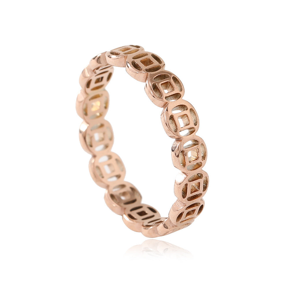 Unisex Titanium Steel Ring Hollow Lucky Coin Index Finger Ring Geometric Auspicious Pattern Retro Pattern Ring
