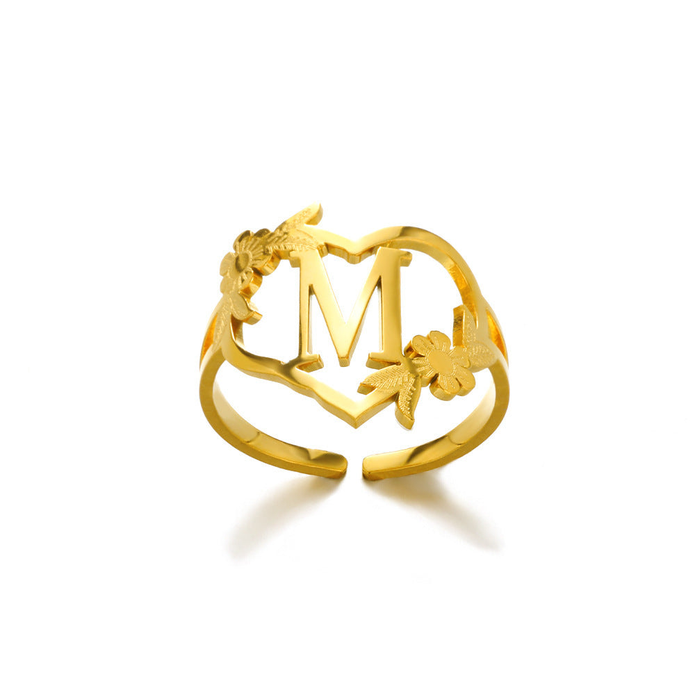 Heart Shaped Initial Rings Women Adjustable Stainless Steel Letters Ring Unisex European Design Letters Numbers