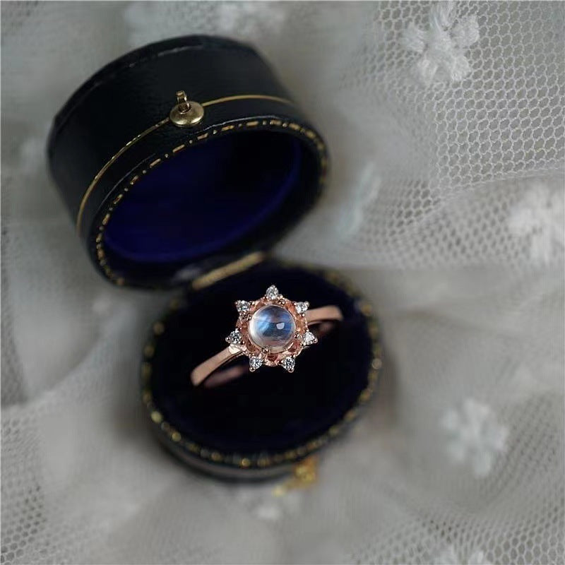 Womens Electroplated Copper Ring Moonstone Snowflake Design Sterling Silver Plated Fashion Ring Jewelry For Everyday Wear