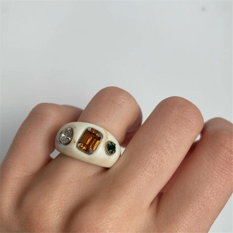 Acrylic Geometric Resin Ring With Diamond Accent Vintage Inspired Statement Jewelry For Women Casual Wear Everyday