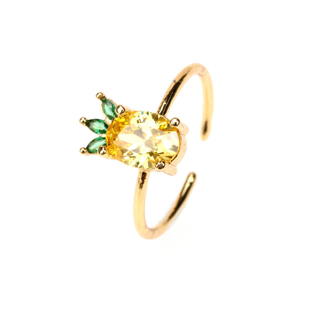 Fruit Zircon Copper Ring for Women Cute Design with Apple Watermelon Cherry Strawberry Grape Pineapple Peach Pine