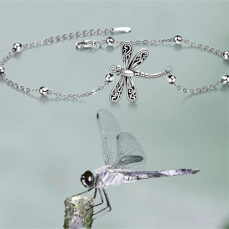Women Dragonfly Anklet Electroplated Insect Design Ankle Bracelet With Cross Chain Beads Ornament Beach Jewelry