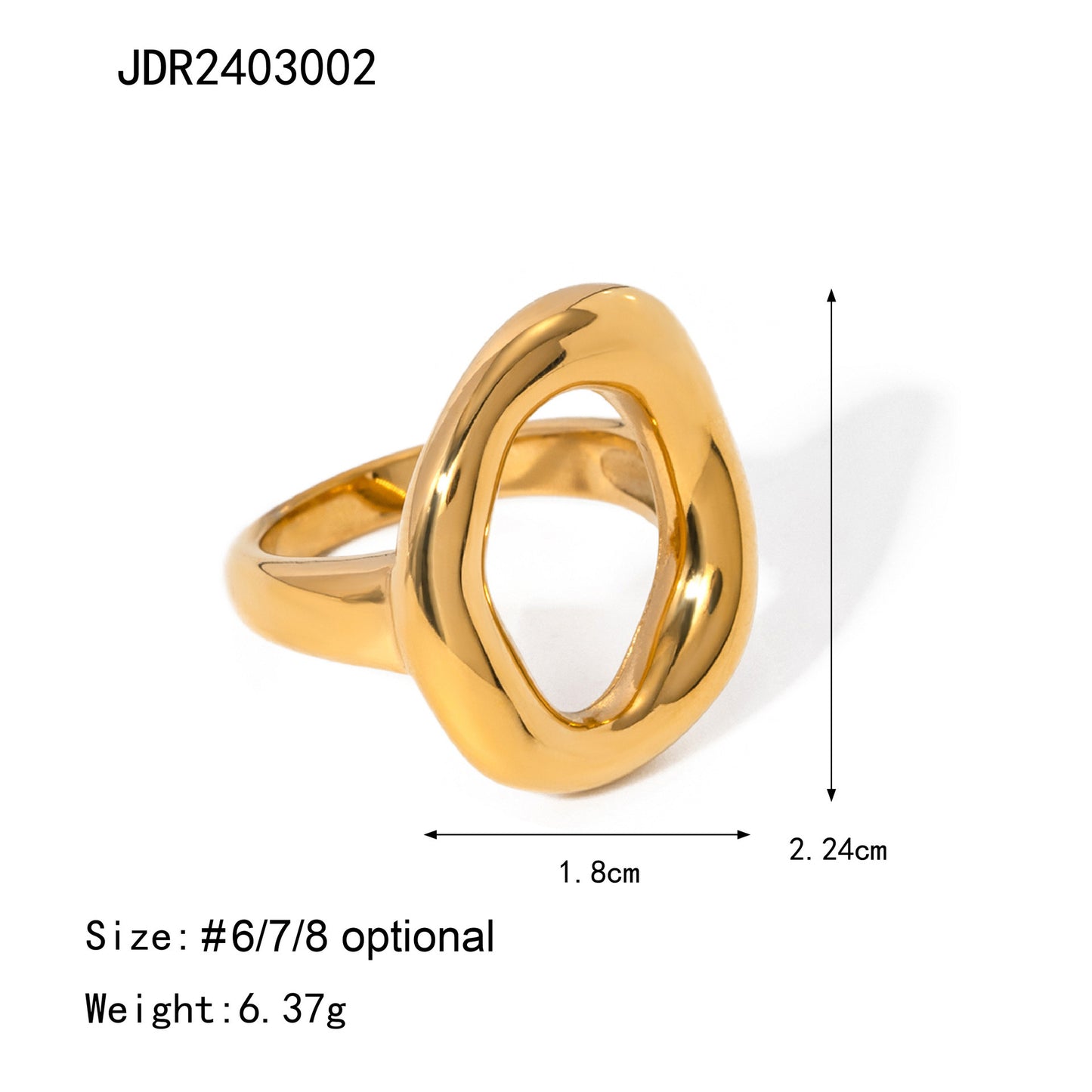 Women's Stainless Steel Ring 18K Gold Plated Oval Hollow Closed Band Trendy Wave Design Ins Fashion Jewelry Gift for Her