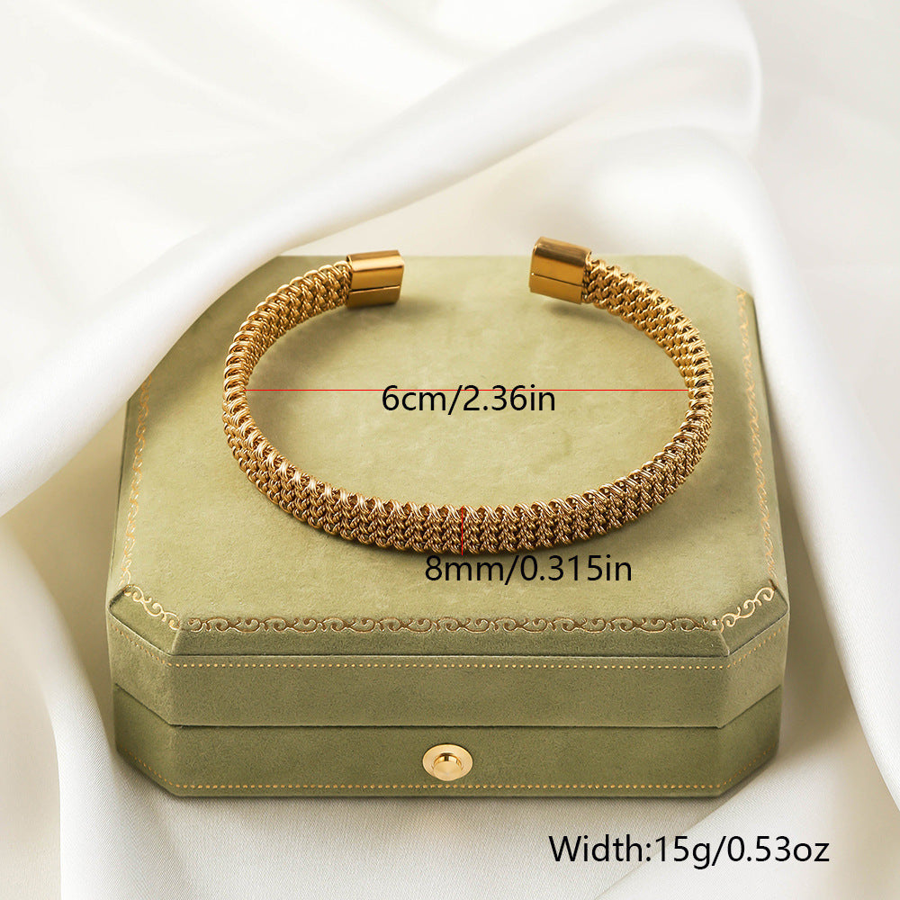 Stainless Steel Woven Bracelet Open Ended Fashion Bangle Electroplated Durable Round Design Accessory Steel And Gold