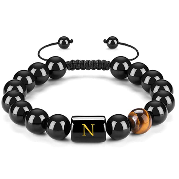 Mens Natural Black Agate 10mm Beads Handmade Initial Letter Bracelet Personalized Gift for Men Letter A Shape Letter