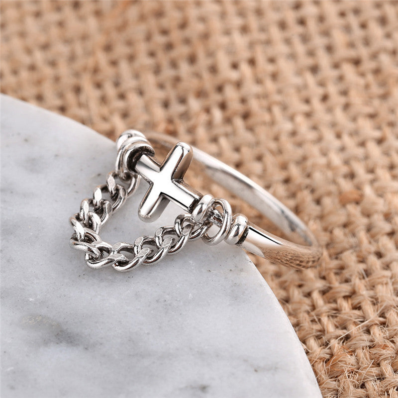 Punk Street Retro Cross Chain Ring Copper Electroplated Geometry Jewelry Thai Silver Style Vintage Silver Tone