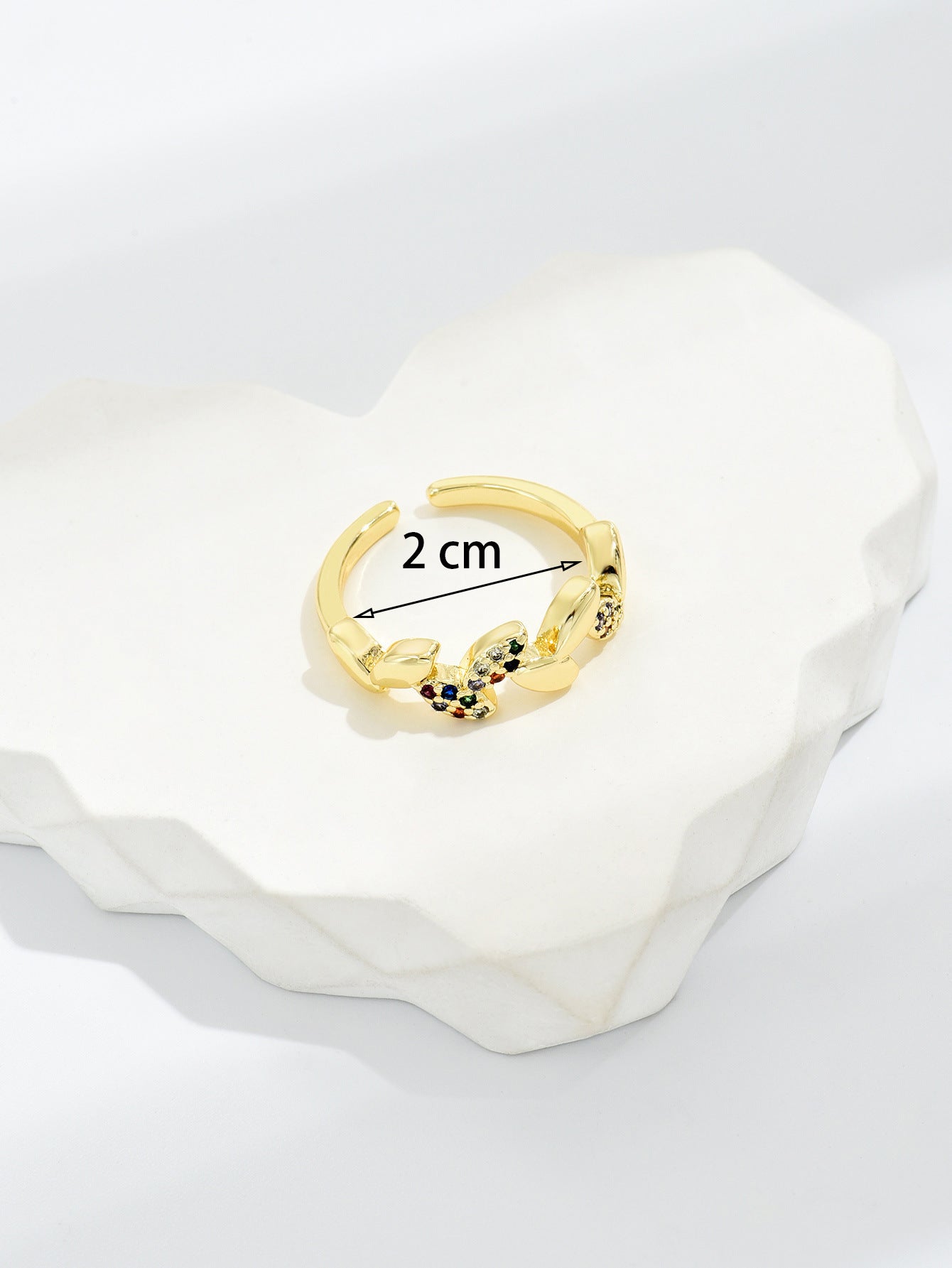 Womens Open Ring Copper Heart Shaped Design With Geometric Round Elements And Colorful Leaves Pink Yellow Shine