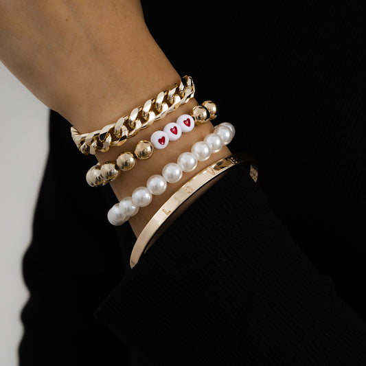 Womens Bracelet Set With Round Bead Chain And Artificial Pearl Geometric Design In Metal Alloy Jewelry Everyday Wear