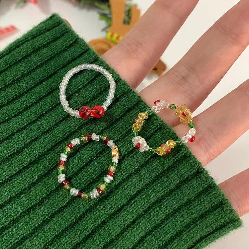 Beaded Ring Set Rice Bead Flower Jewelry Cherry Pearl Flower Design For Women And Girls Fashion Ring Accessory