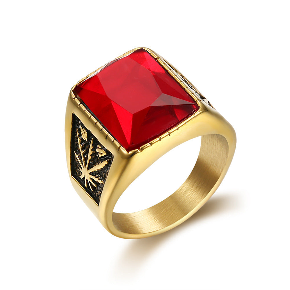 Mens Titanium Steel Ring Maple Leaf Design Black Ruby Gemstone Electroplated Geometric Statement Jewelry For Men