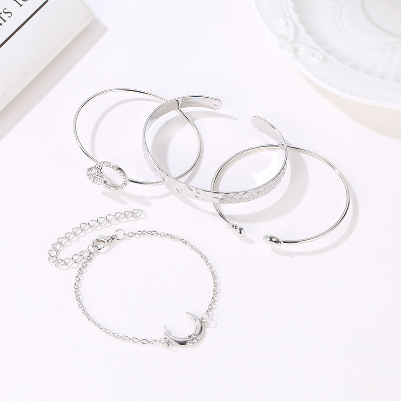 Moon Bracelet Set For Women Four Piece Alloy Jewelry With Artificial Gemstones Inlaid European Style Fashion Gift