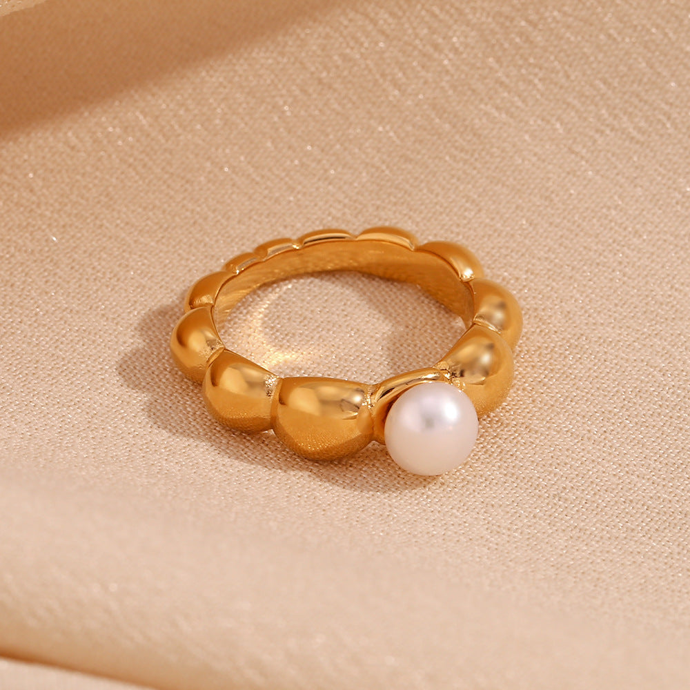 Women's 18K Gold Ring with Lace Wave Pattern and Imitation Pearl Stainless Steel Elegant Jewelry Geometric Ring for Her