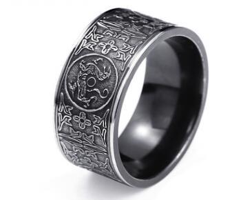 Mens Titanium Steel Rotation Spinner Ring Dragon Tiger Suzaku Totem Jewelry Unisex Mythical Beasts Basaltic Gold Black