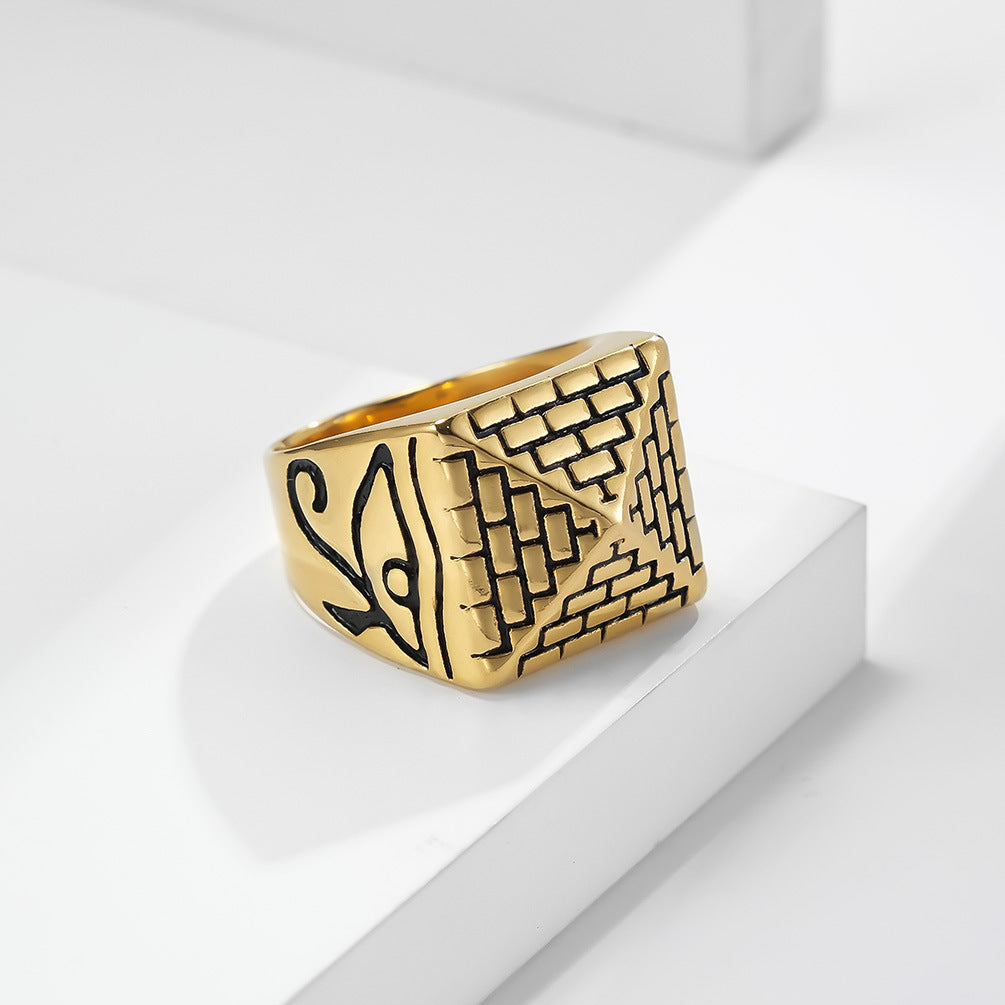 Unisex Egyptian Horus Eye Pyramid Ring In Stainless Steel Retro Jewelry For Men Women Durable Accessory Statement Ring