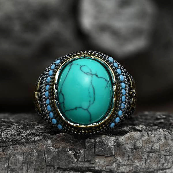 Mens Stainless Steel Wedding Band Punk Ring Round Fashionable Exquisite Turquoise Inlaid Rings Polished Finish