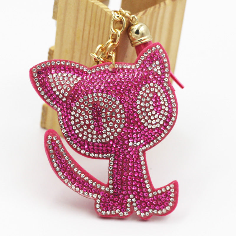 Cute Cat Keychain Bag Charm With Diamond Detailing Two Tone Flannel Material Rose Red Cat Pendant For Handbags