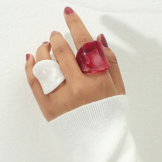 Unisex Acrylic Rings Set Of 2 Geometric Designs Alloy Inlaid Gems Fashion Jewelry Statement Ring Red And White