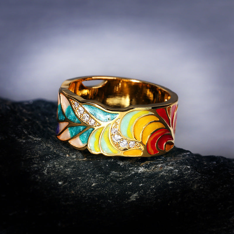 Fashion Creative Mixed Color Butterfly Painting Glaze Ring