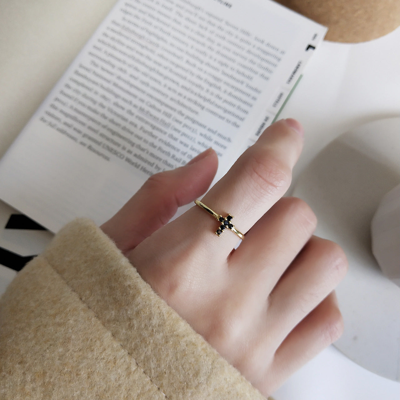 Womens Crosses Ring Sterling Silver Korean Design Black Diamond Accent 925 Electroplated Simple Elegant Fashion