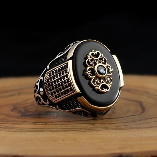 Ancient Silver Geometric Alloy Ring With Mosaic Artificial Stone Middle Eastern Design Statement Jewelry Collection