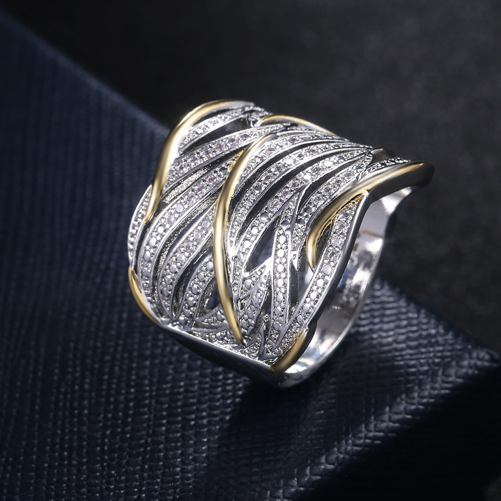Womens Feather Ring Gold Plated With Sparkling Diamond Zircon Two Tone Finish Multi Layer Winding Design Feather