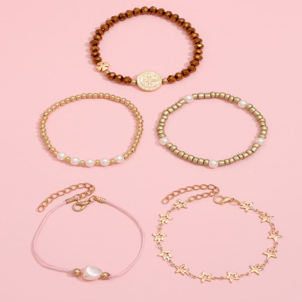 Unisex Bracelet Set Five Pointed Star Beaded Four Leaf Clover Pearl Woven European Style Alloy Bracelets Five Piece