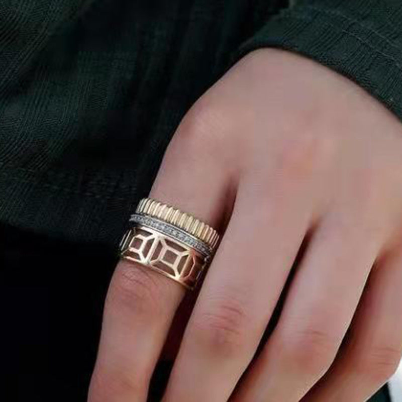 Womens Hollow Grid Ring 18K Gold Plated Stainless Steel Daily Wear Jewelry Classic Elegance For Everyday Style