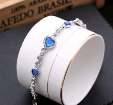 Heart Bracelet With Blue Crystals Love You Heart Design Alloy Metal Plated Finish Elegant Jewelry Gift For Her