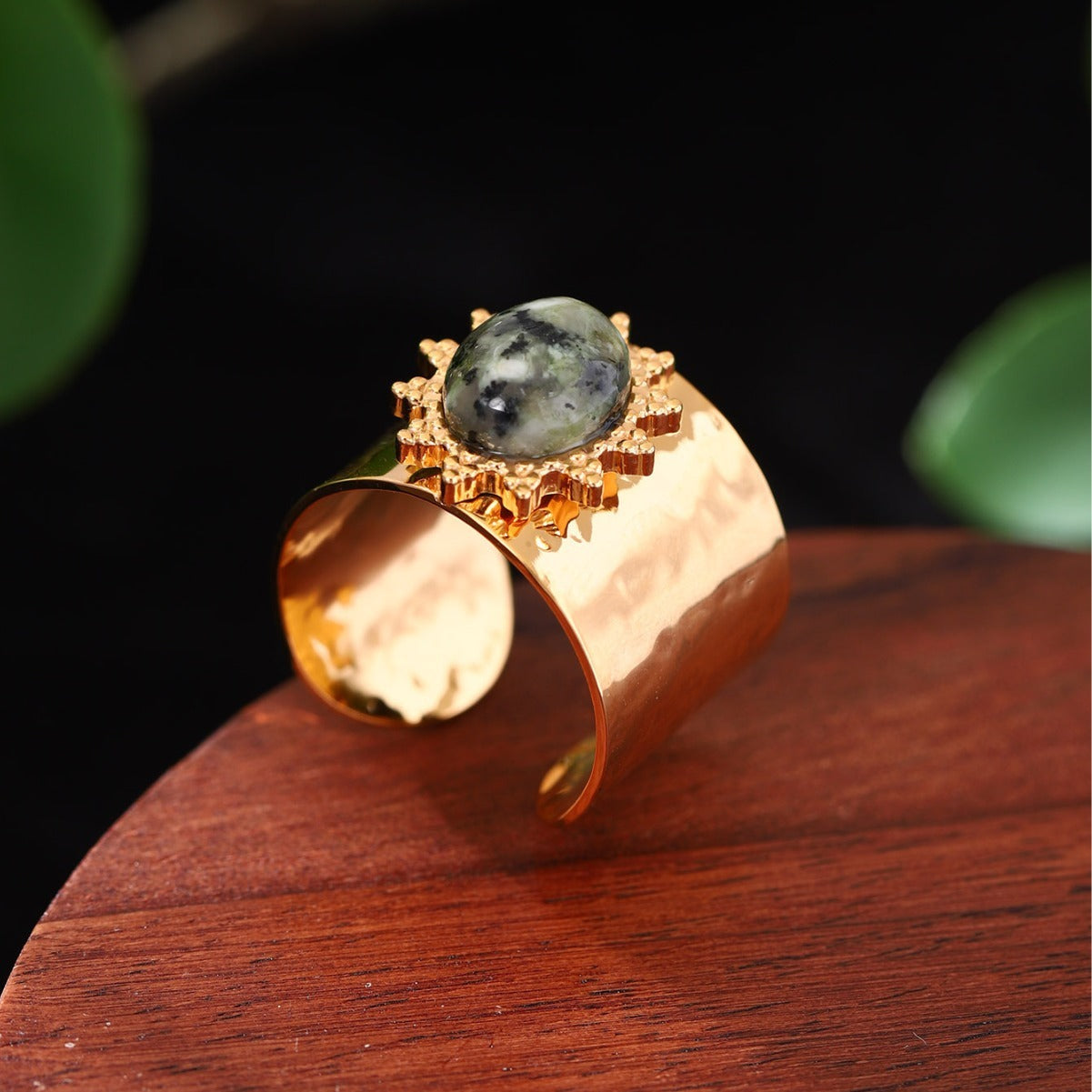 Womens Natural Stone Ring Gemstone Stainless Steel Jewelry Elegant Round Cut Durable Versatile Accessory Everyday Wear