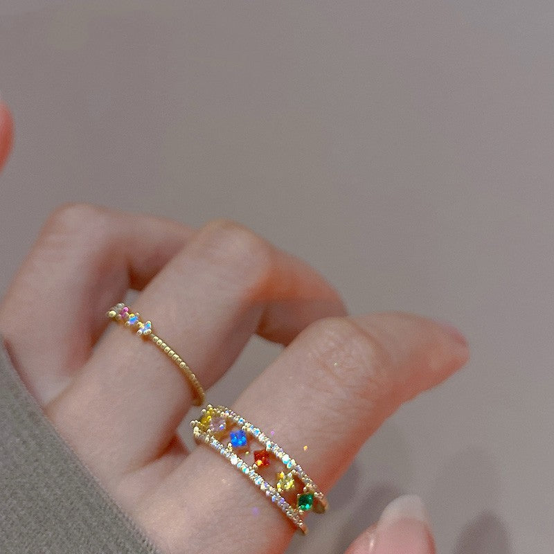Small Gold Ring with Geometric Pattern and Colored Gemstone Luxurious Brass Ring Size 7 Fashion Jewelry Gift Ring for Women and Girls