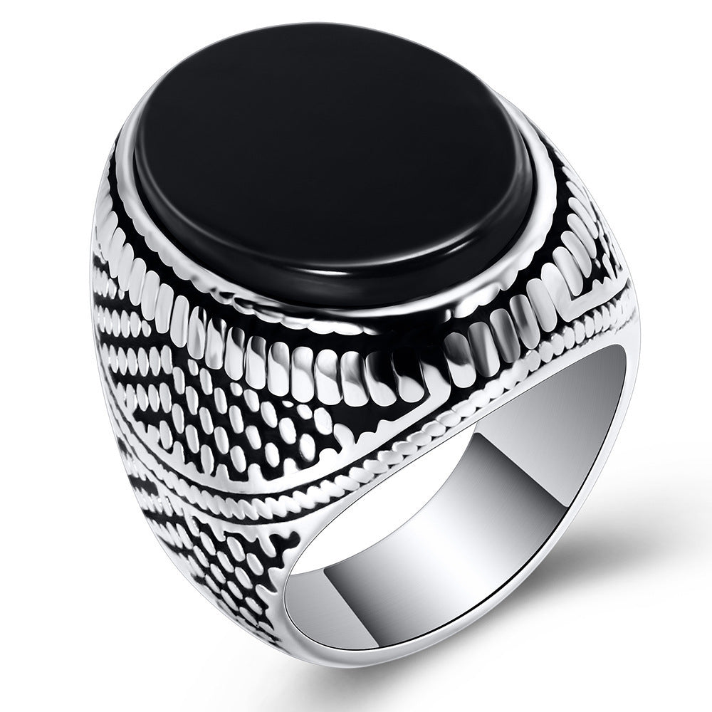 Mens Black Onyx Ring Retro Style Geometric Alloy Electroplated Silver Tone Durable Statement Ring For Men Soon