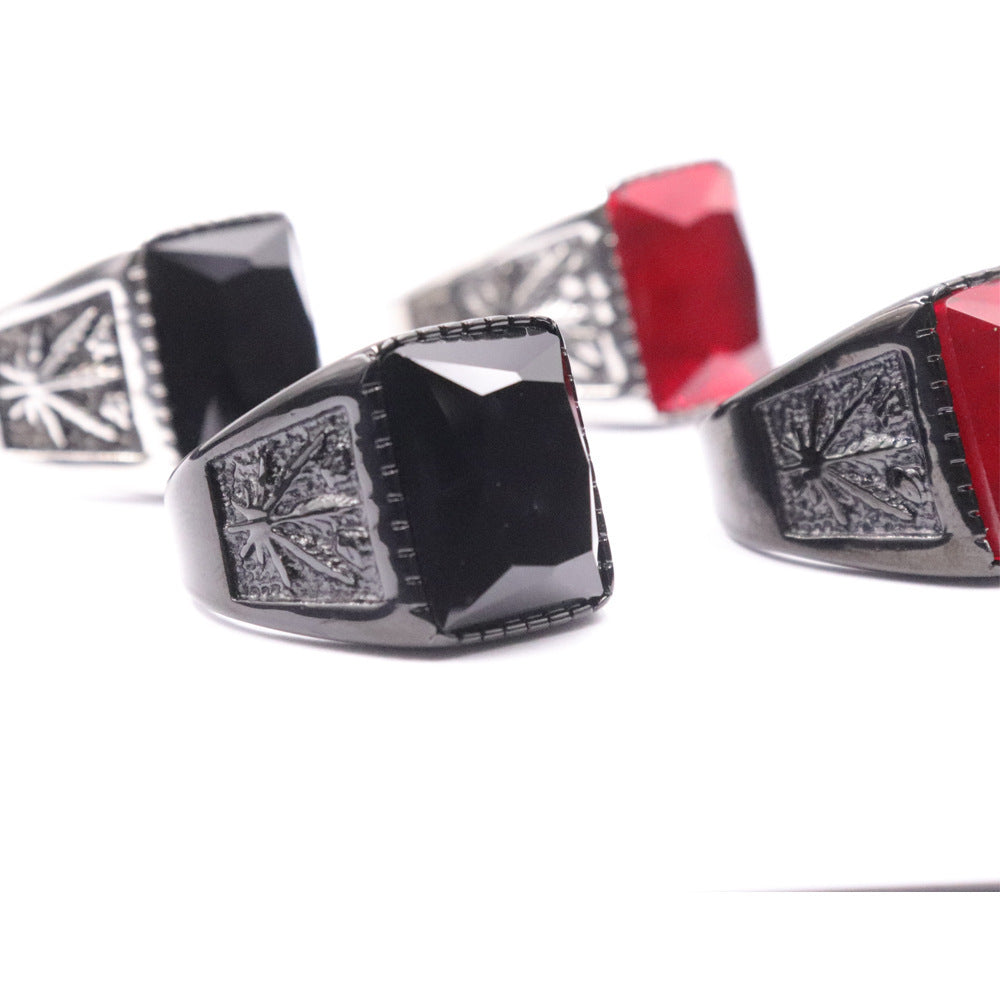 Mens Titanium Steel Ring Maple Leaf Design Black Ruby Gemstone Electroplated Geometric Statement Jewelry For Men