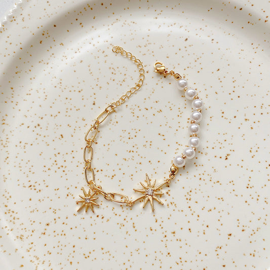 Womens Pearl Bracelet Eight Pointed Star Design And White Gold Inlaid Gems Bracelet Special Occasions Star Pearl