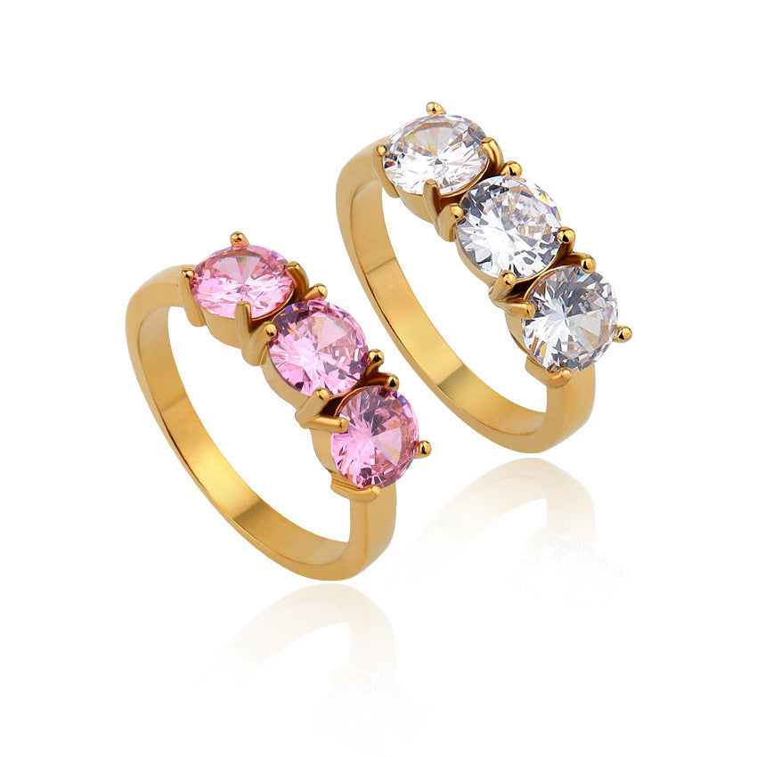 Unisex Stainless Steel Ring With Four Claw Inlaid Zircon Three Arrangement Design Jewelry For Women Daily Wear