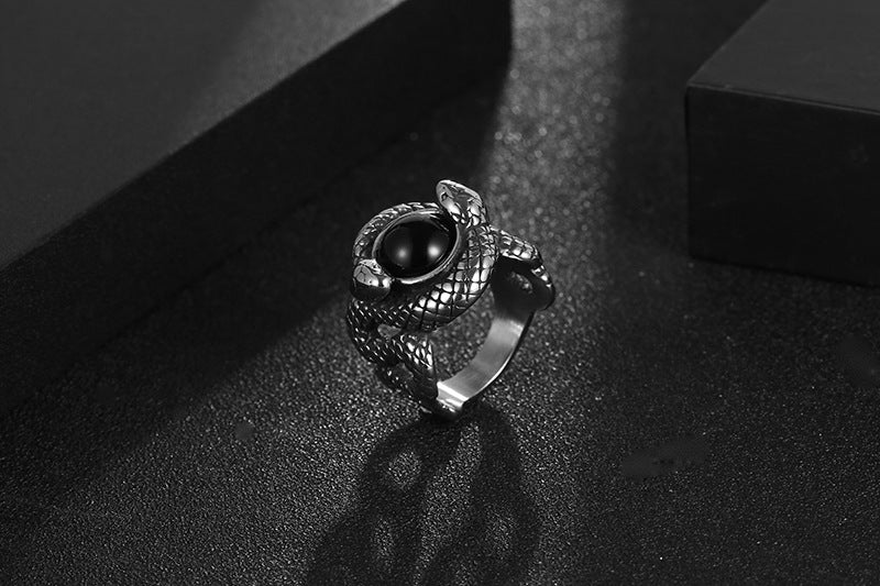 Men's Double Snake Ring Vintage Titanium Steel Biker Ring with Zircon Stone Retro Fashion Jewelry Ring Gift for Him Red Black Sizes 7 to 12