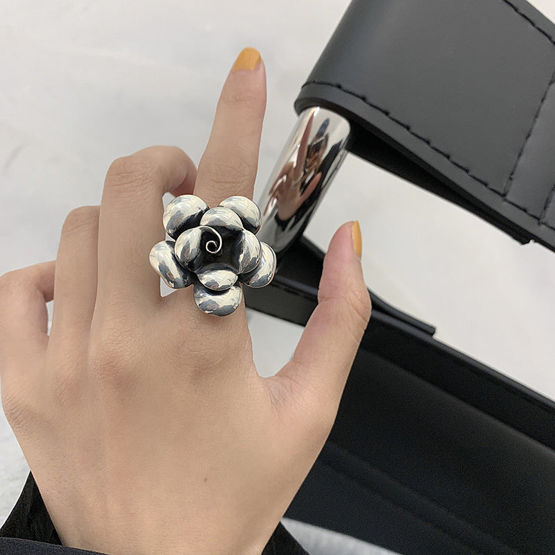Women Retro Exaggerated Peony Flower Ring in Thai Silver Plating Vintage Style Vintage Silver Finish for Daily