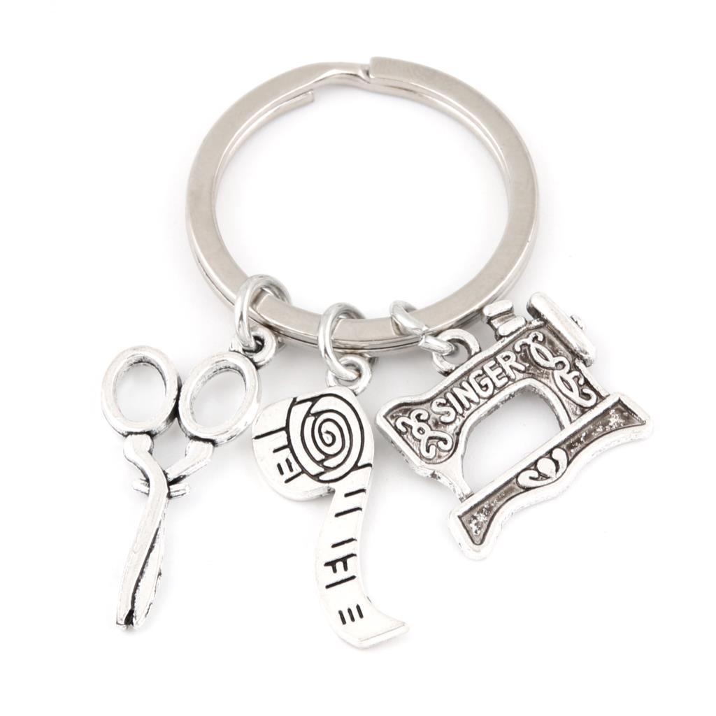 Womens Pendant Keychain Necklace Sewing Machine Scissors Tape Measure Design Metal Keyring White Jewelry White Metal